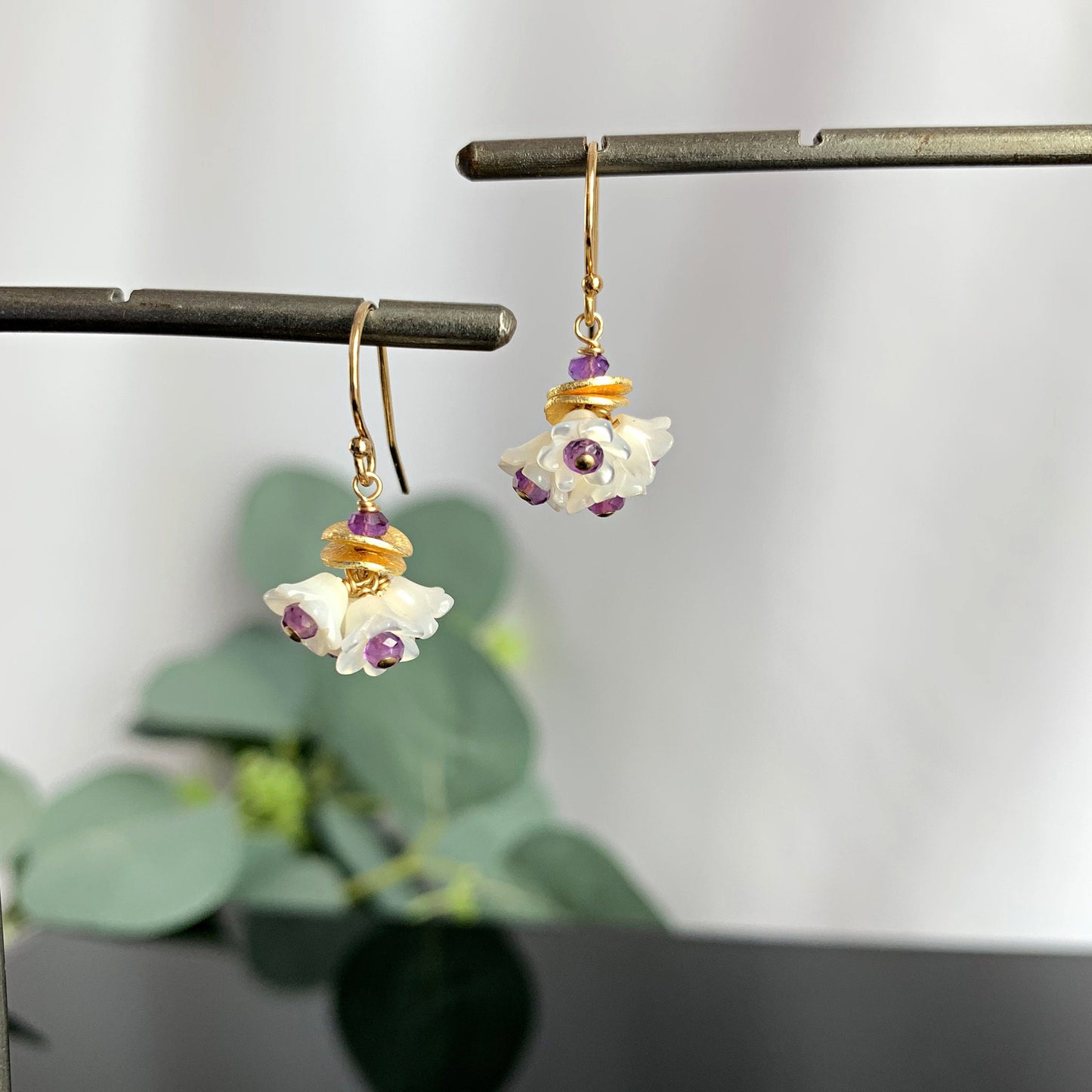 Flower Earrings Dangle Earrings Mother of Pearl Earrings Amethyst Earrings White Earrings Dainty Earrings Gold Earrings Gift for Mom