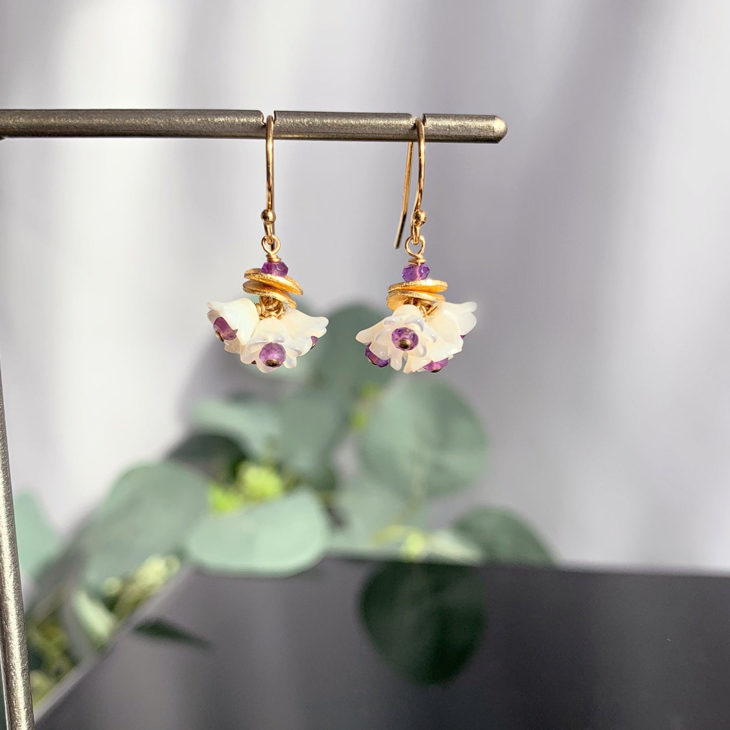 Flower Earrings Dangle Earrings Mother of Pearl Earrings Amethyst Earrings White Earrings Dainty Earrings Gold Earrings Gift for Mom