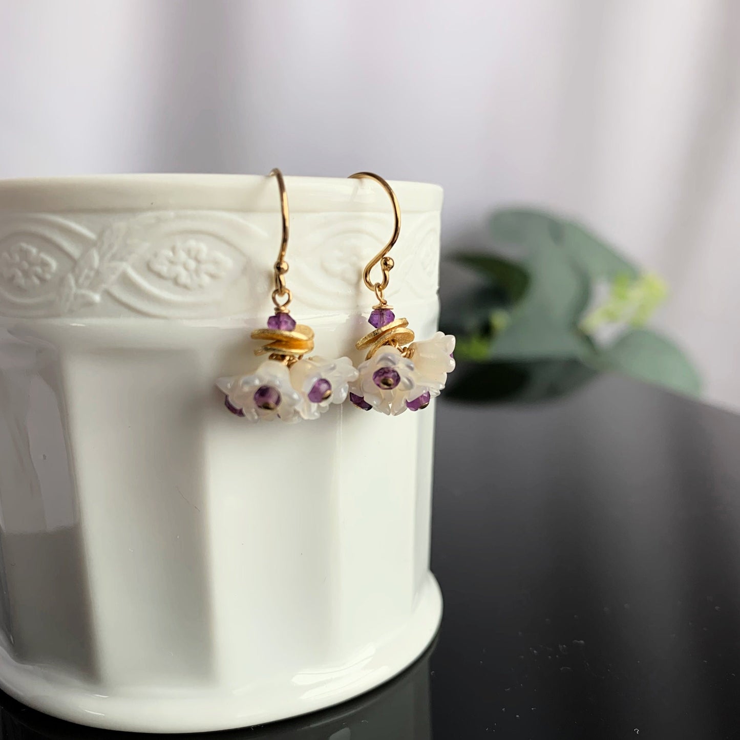 Flower Earrings Dangle Earrings Mother of Pearl Earrings Amethyst Earrings White Earrings Dainty Earrings Gold Earrings Gift for Mom