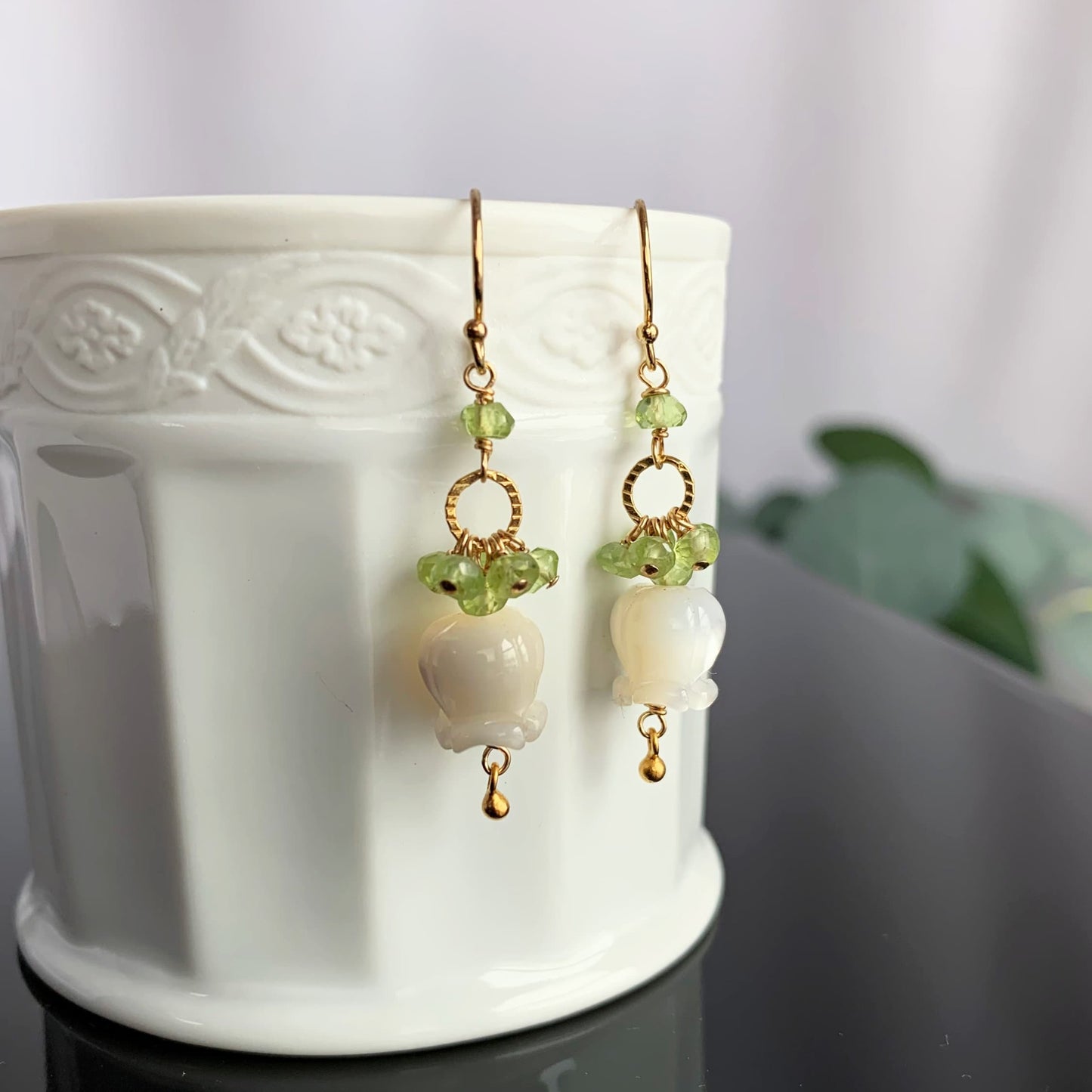 Flower Earrings Peridot Earrings Cluster Earrings White Earrings Dainty Earrings Gold Earrings Gift for Her Gift for Mom Unique Gift