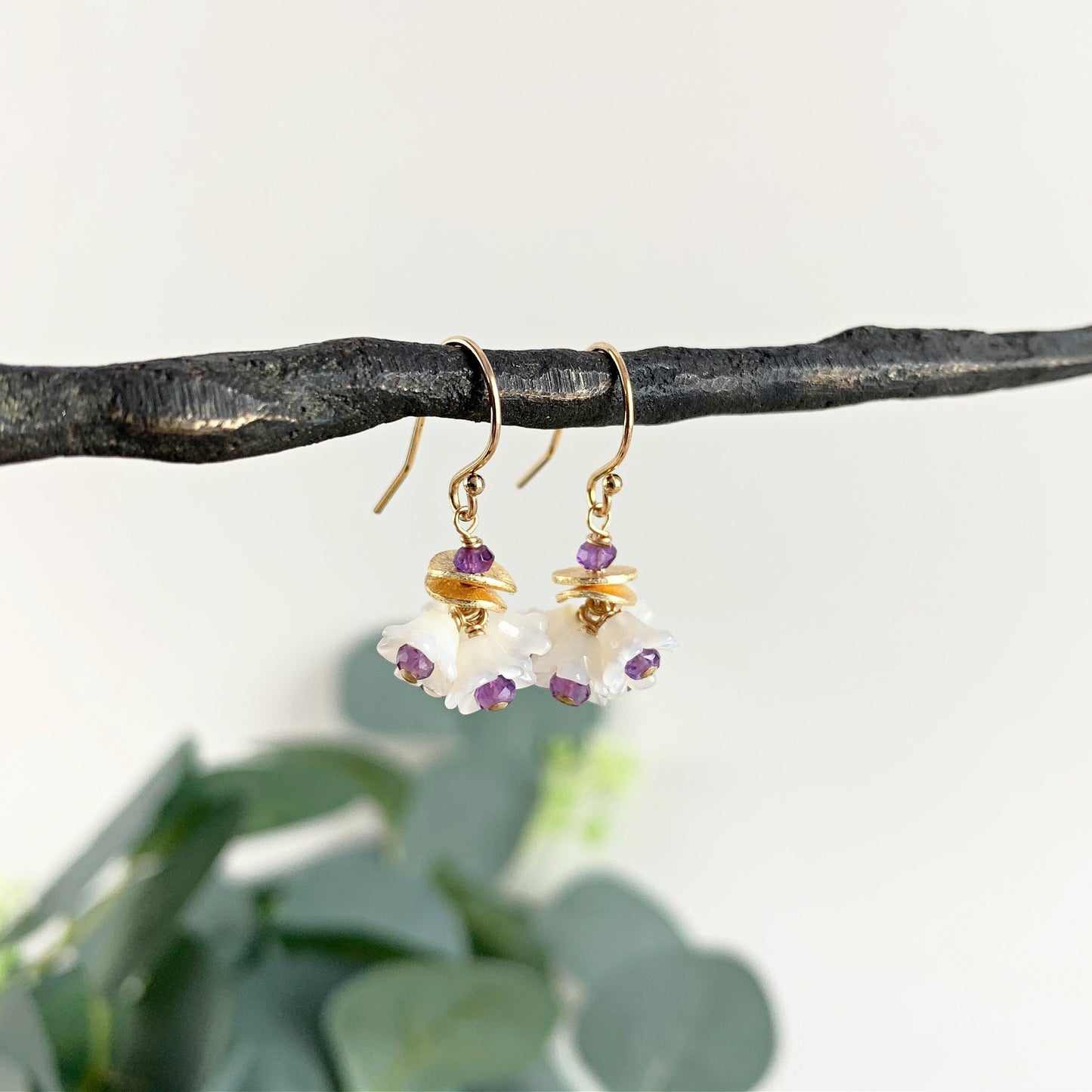 Flower Earrings Dangle Earrings Mother of Pearl Earrings Amethyst Earrings White Earrings Dainty Earrings Gold Earrings Gift for Mom