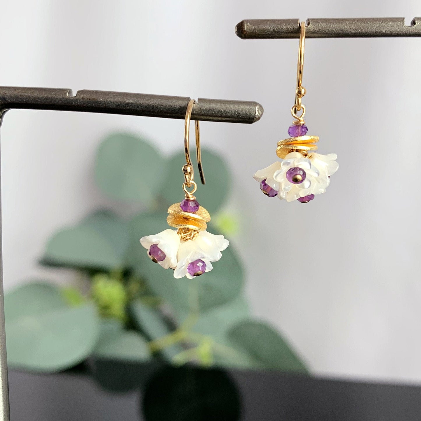 Flower Earrings Dangle Earrings Mother of Pearl Earrings Amethyst Earrings White Earrings Dainty Earrings Gold Earrings Gift for Mom