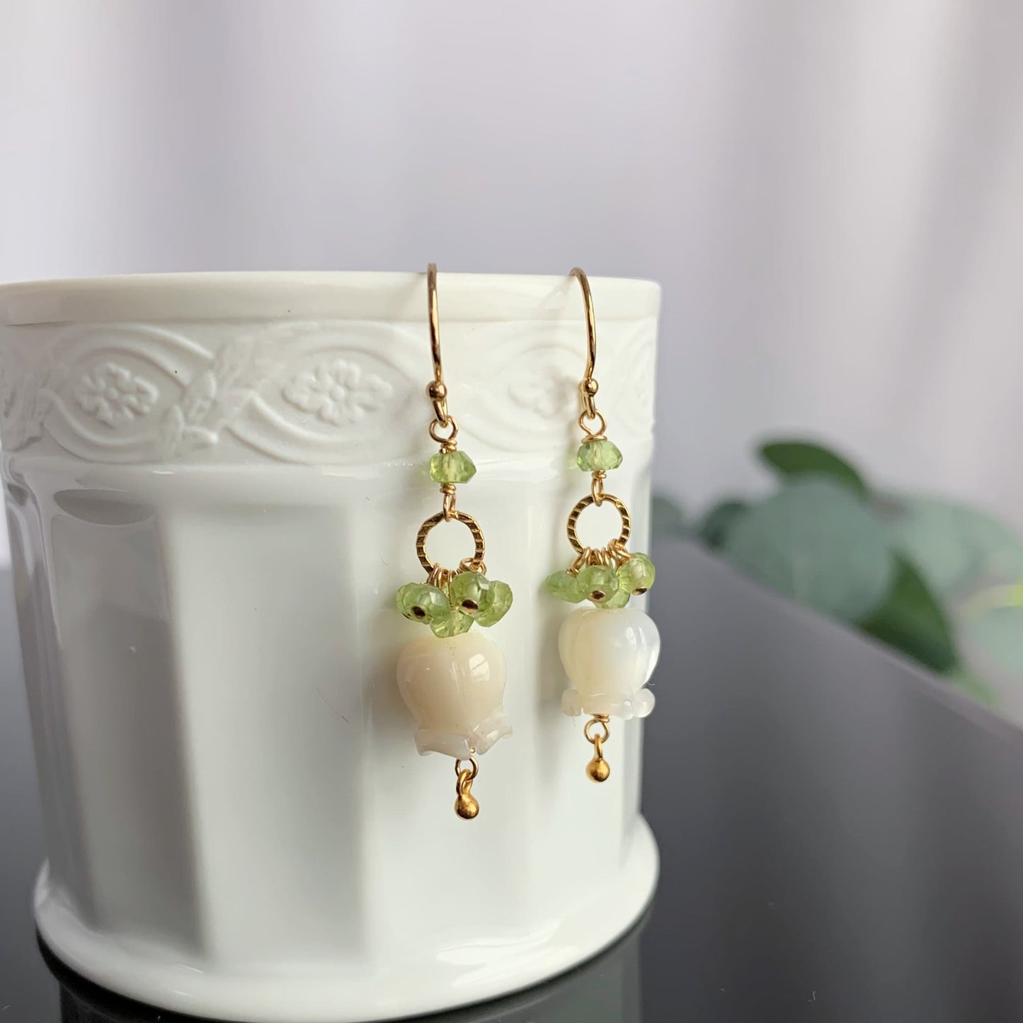 Flower Earrings Peridot Earrings Cluster Earrings White Earrings Dainty Earrings Gold Earrings Gift for Her Gift for Mom Unique Gift