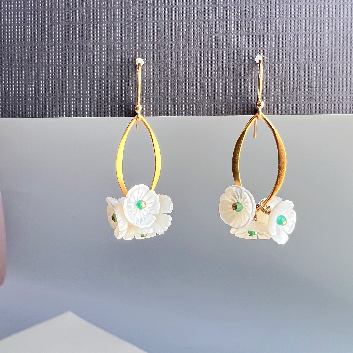 Flower Earrings Mother of Pearl Earrings White Earrings Green Onyx Earrings Gold Earrings Dainty Earrings Earrings for Women Gift for Her