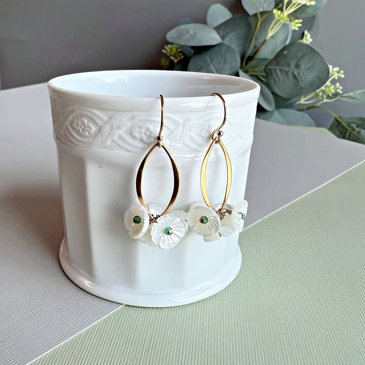 Flower Earrings Mother of Pearl Earrings White Earrings Green Onyx Earrings Gold Earrings Dainty Earrings Earrings for Women Gift for Her