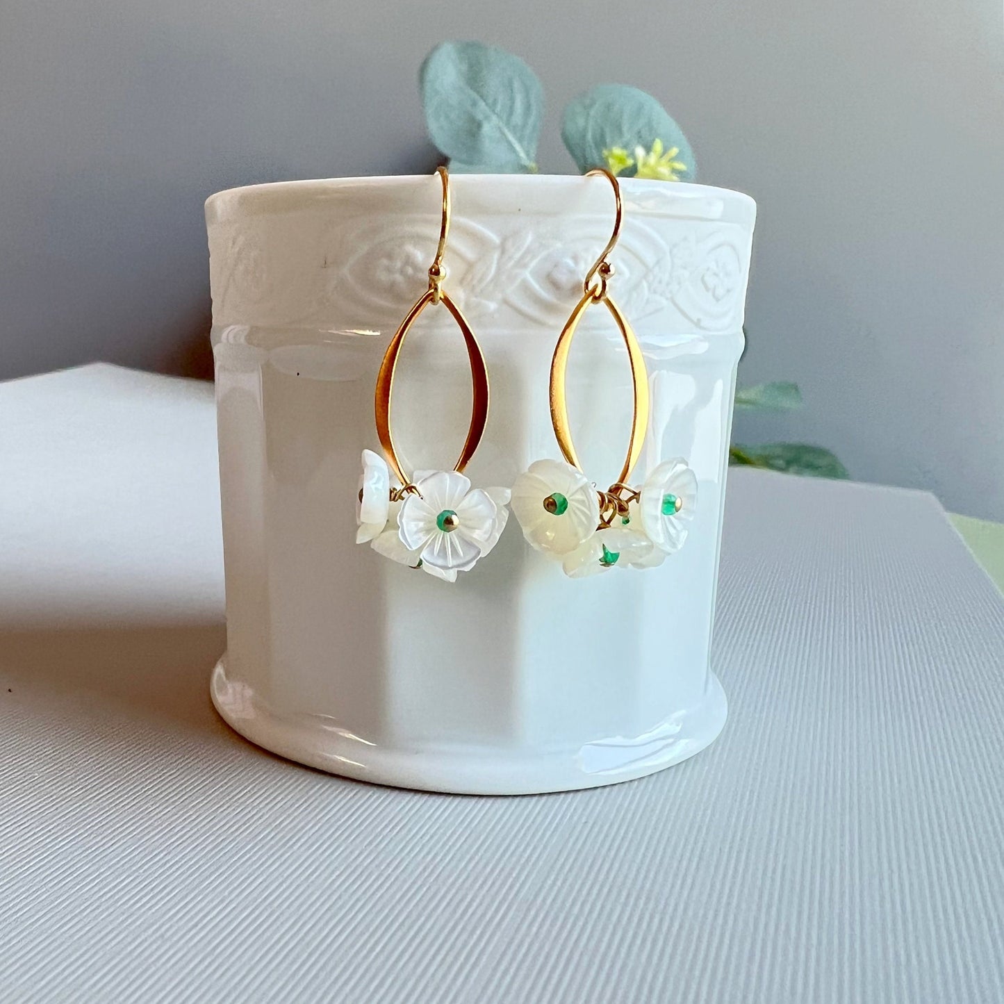 Flower Earrings Mother of Pearl Earrings White Earrings Green Onyx Earrings Gold Earrings Dainty Earrings Earrings for Women Gift for Her