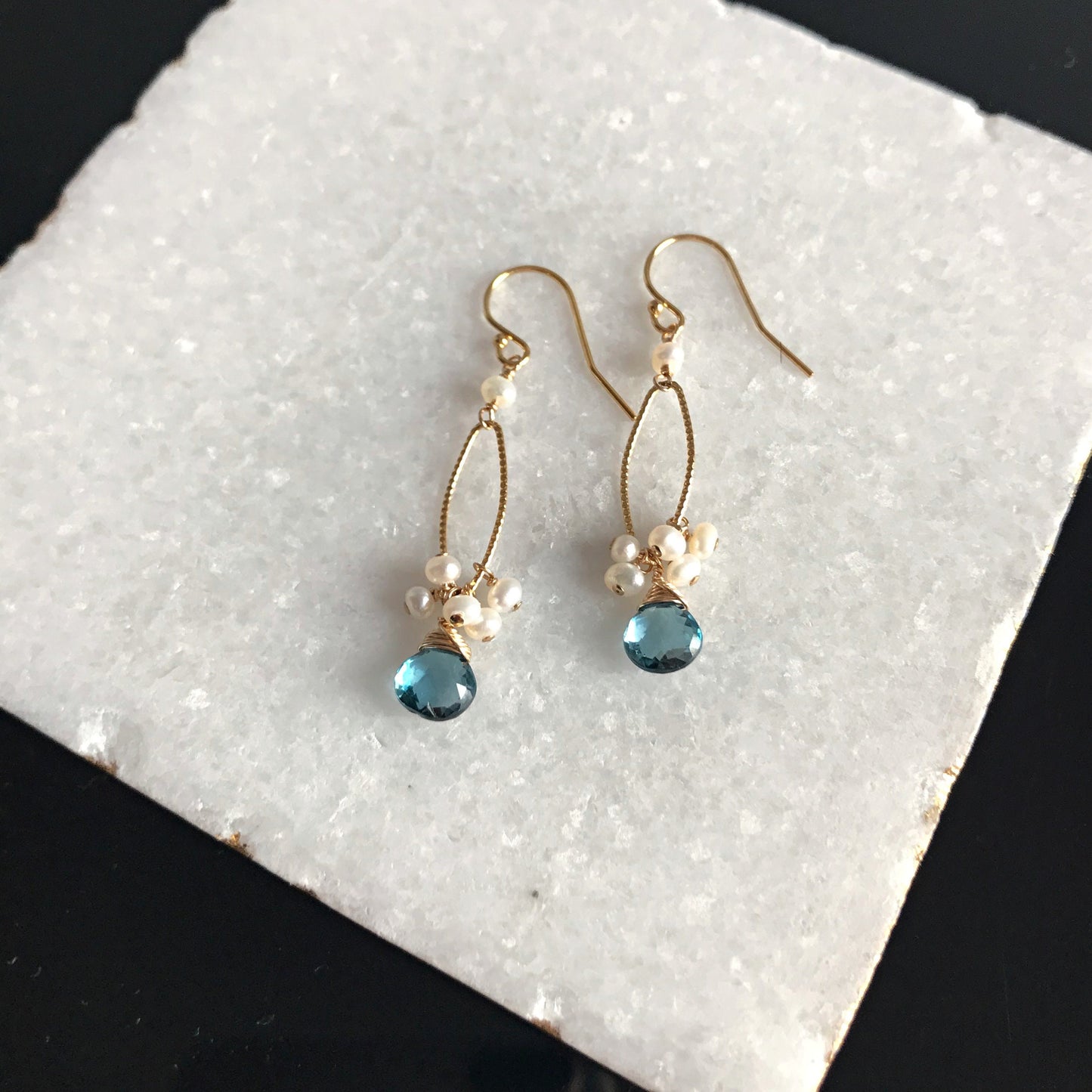 Blue Topaz Earrings Cluster Earrings Pearls Earrings December Birthstone Delicate Earrings Drop Earrings Dainty Earrings Blue Earrings