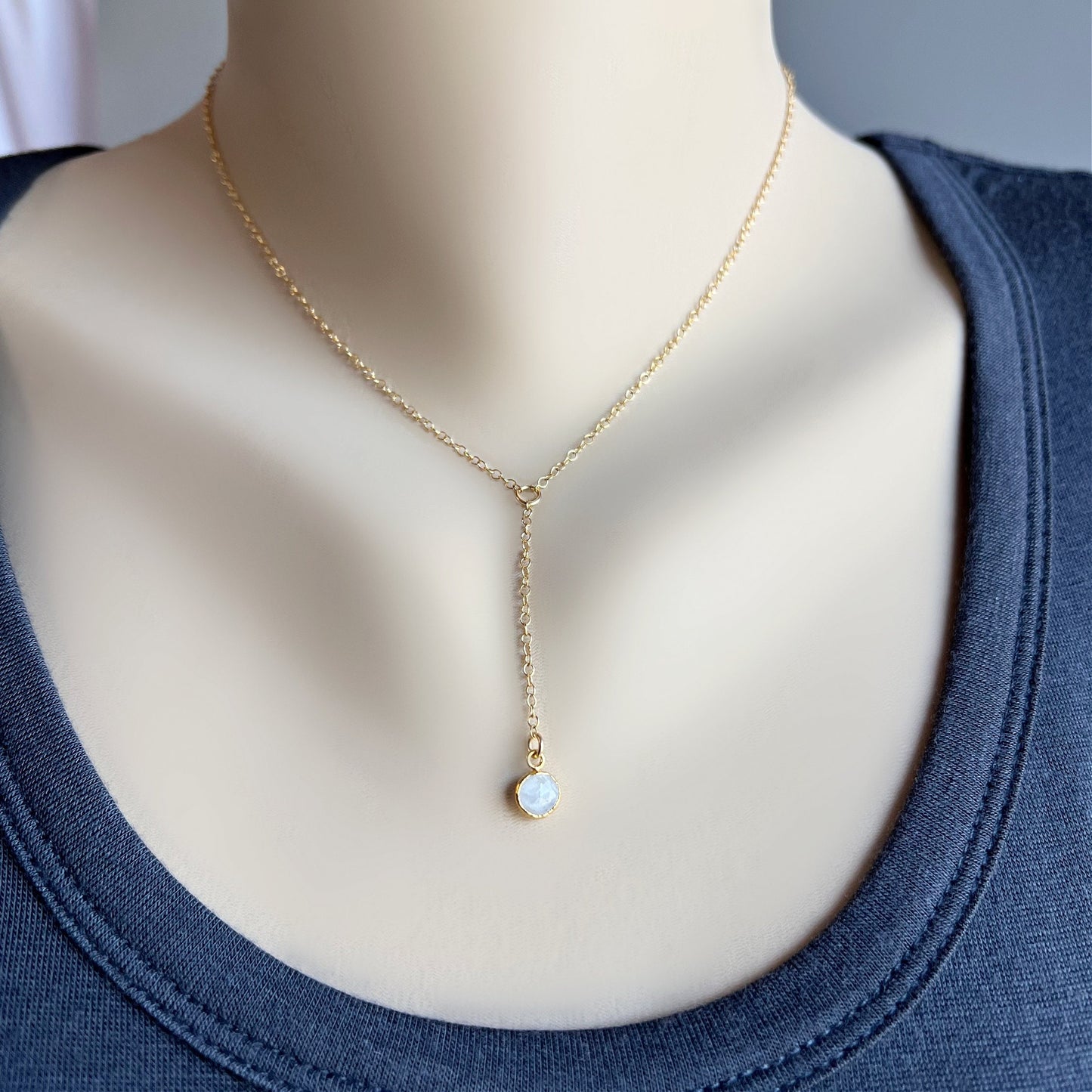 Moonstone Y Necklace,Moonstone Necklace,June Birthstone,Delicate Lariat,Short Y Necklace,Dainty Layering Necklace,Black Chain Necklace