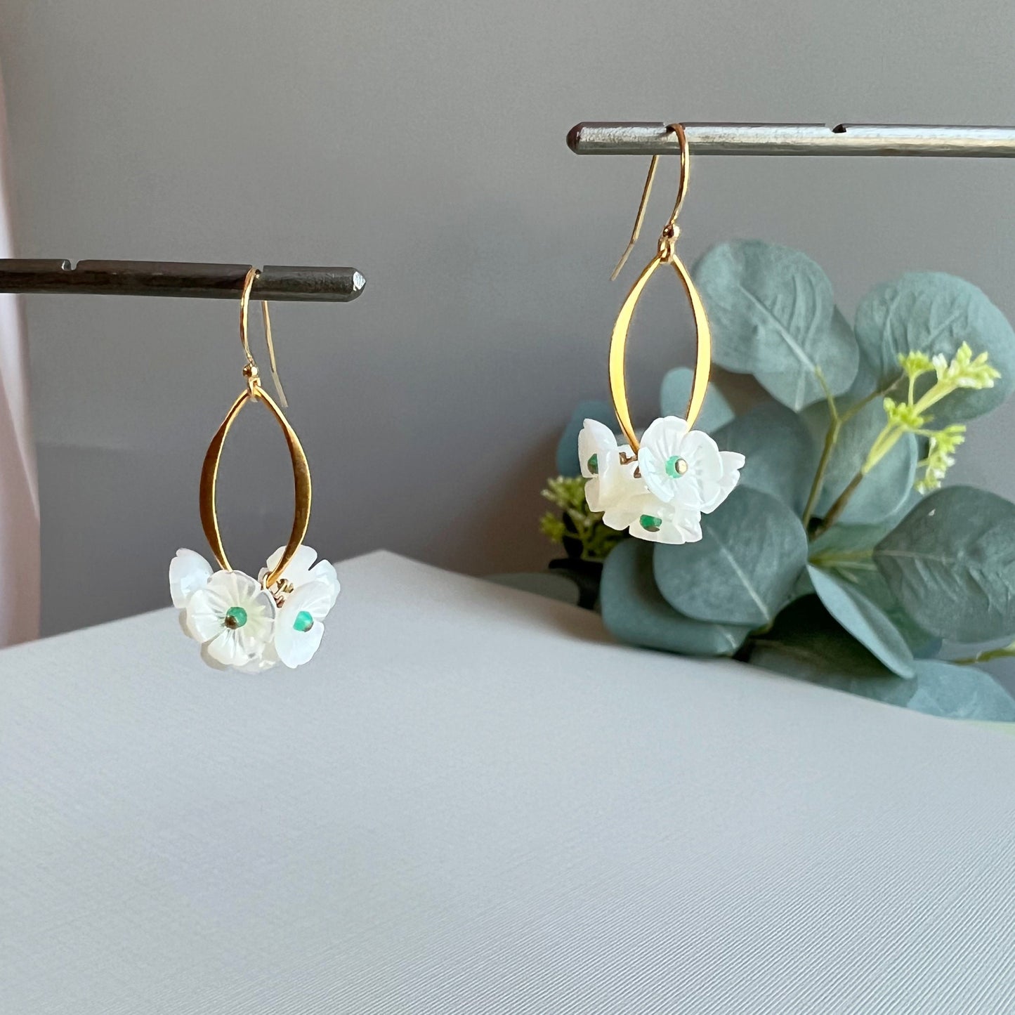 Flower Earrings Mother of Pearl Earrings White Earrings Green Onyx Earrings Gold Earrings Dainty Earrings Earrings for Women Gift for Her