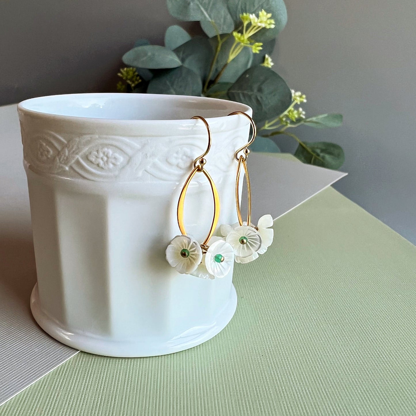 Flower Earrings Mother of Pearl Earrings White Earrings Green Onyx Earrings Gold Earrings Dainty Earrings Earrings for Women Gift for Her