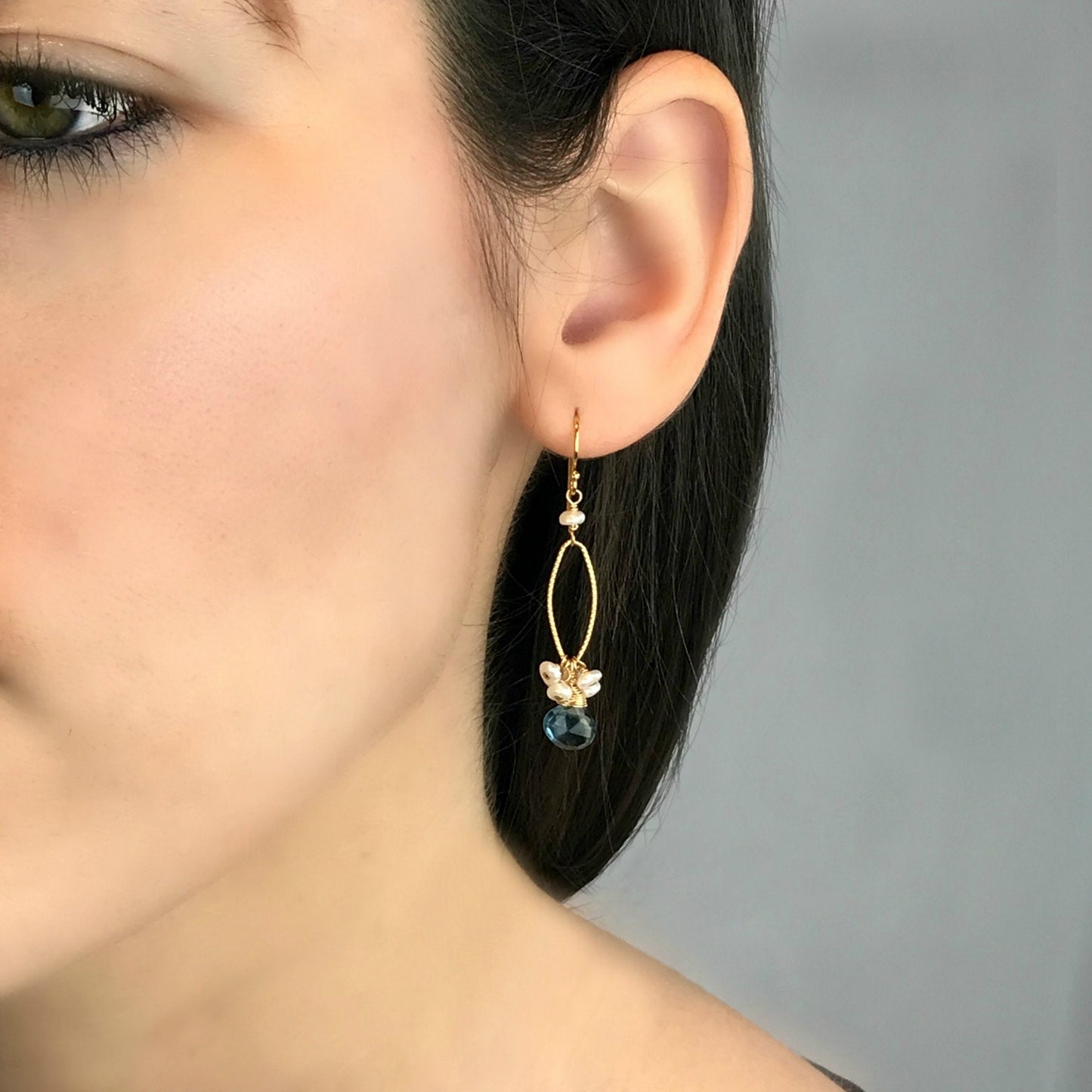 Blue Topaz Earrings Cluster Earrings Pearls Earrings December Birthstone Delicate Earrings Drop Earrings Dainty Earrings Blue Earrings