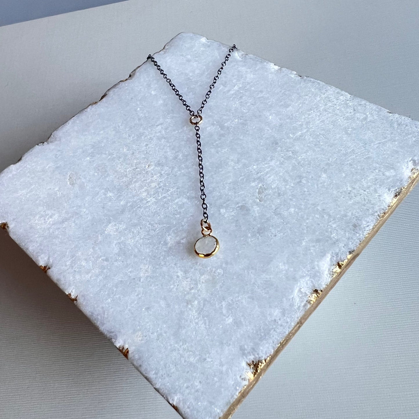 Moonstone Y Necklace,Moonstone Necklace,June Birthstone,Delicate Lariat,Short Y Necklace,Dainty Layering Necklace,Black Chain Necklace