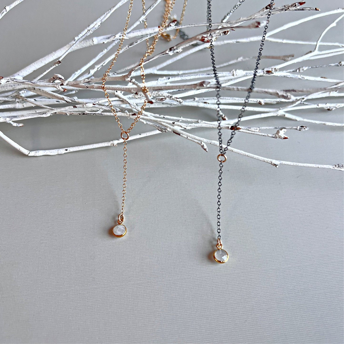 Moonstone Y Necklace,Moonstone Necklace,June Birthstone,Delicate Lariat,Short Y Necklace,Dainty Layering Necklace,Black Chain Necklace