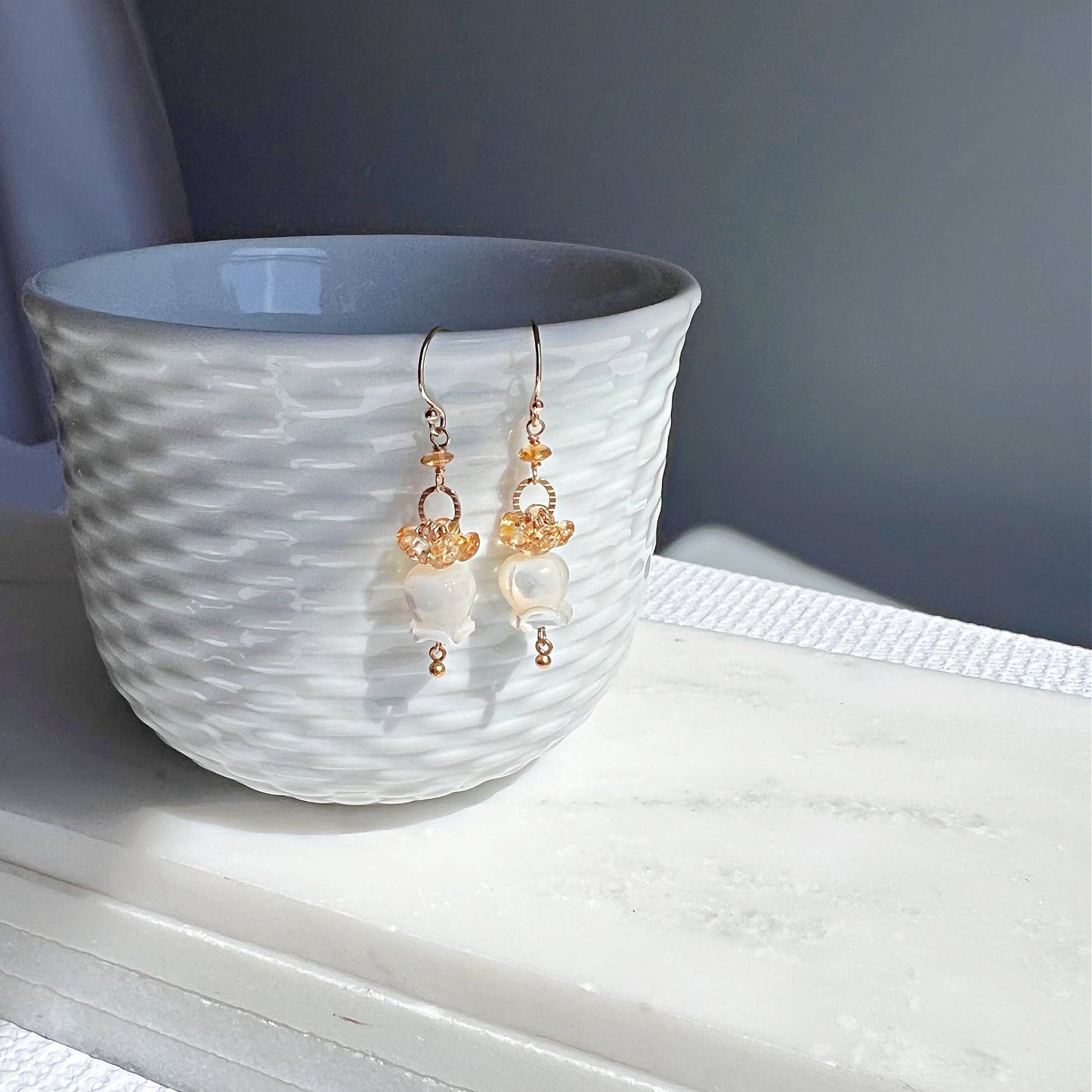 Citrine Drop Earrings,November Birthstone,Natural Citrine Earrings,Gemstone Earrings,Flower Earrings,Mother of Pearl Earrings,Gold Earrings