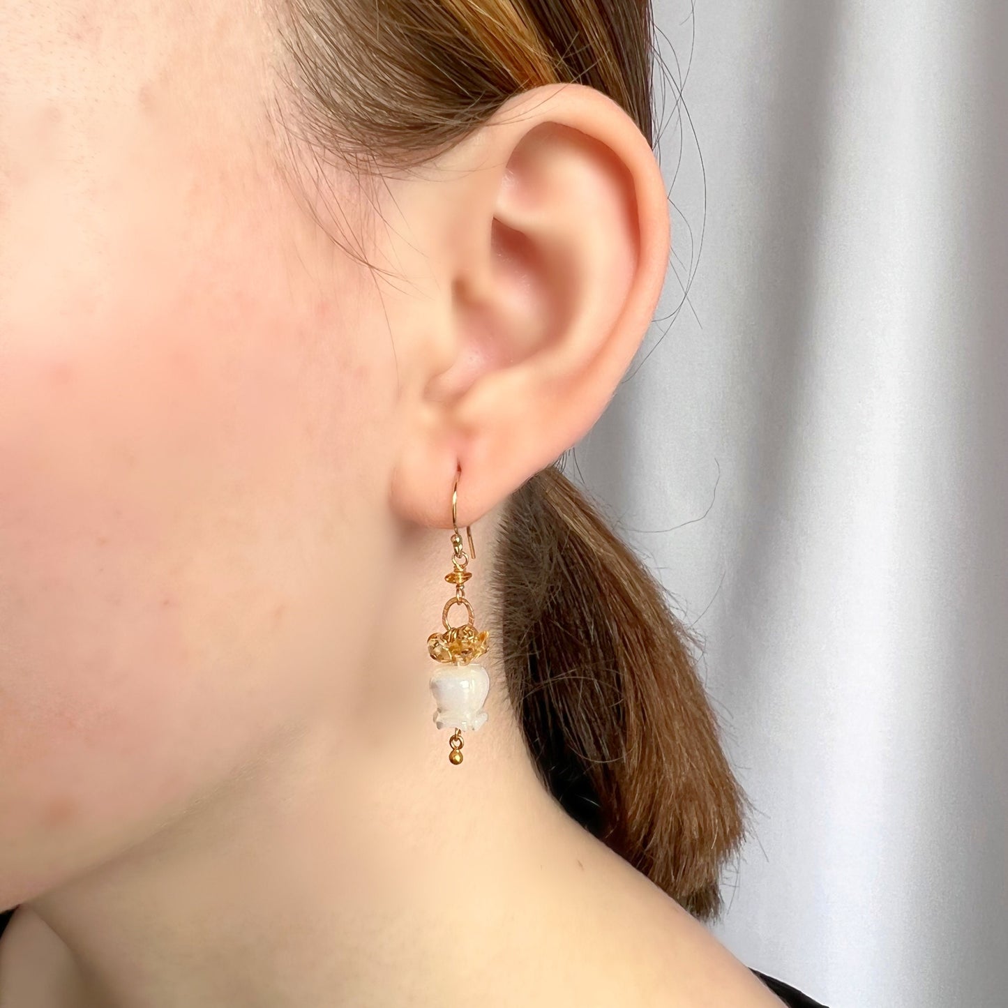 Citrine Drop Earrings,November Birthstone,Natural Citrine Earrings,Gemstone Earrings,Flower Earrings,Mother of Pearl Earrings,Gold Earrings