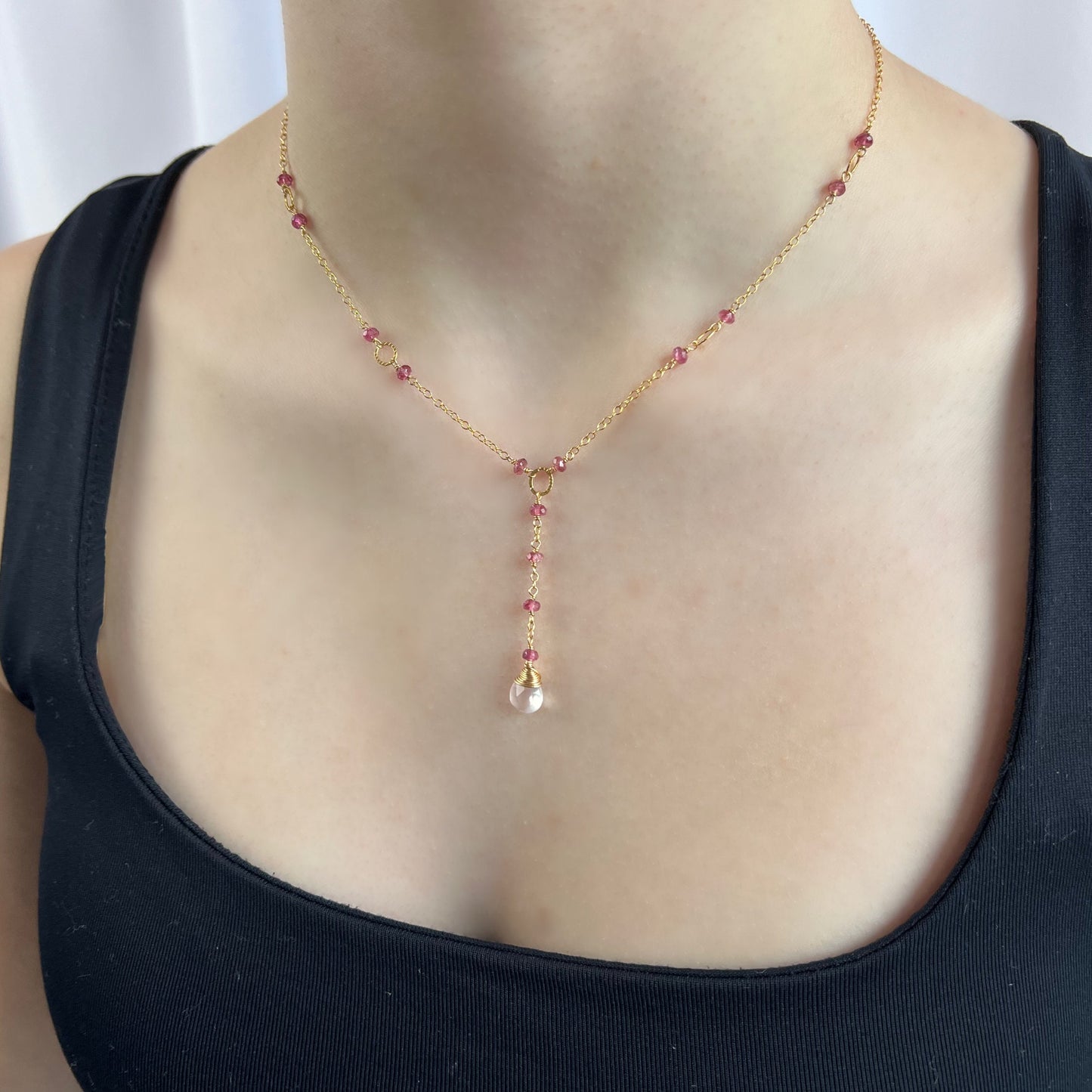 Dainty Pink Necklace,Pink Tourmaline Necklace,Tourmaline Jewelry, Simple Gemstone Lariat,Octomber Birthstone,Mindful Jewelry,Y Necklace