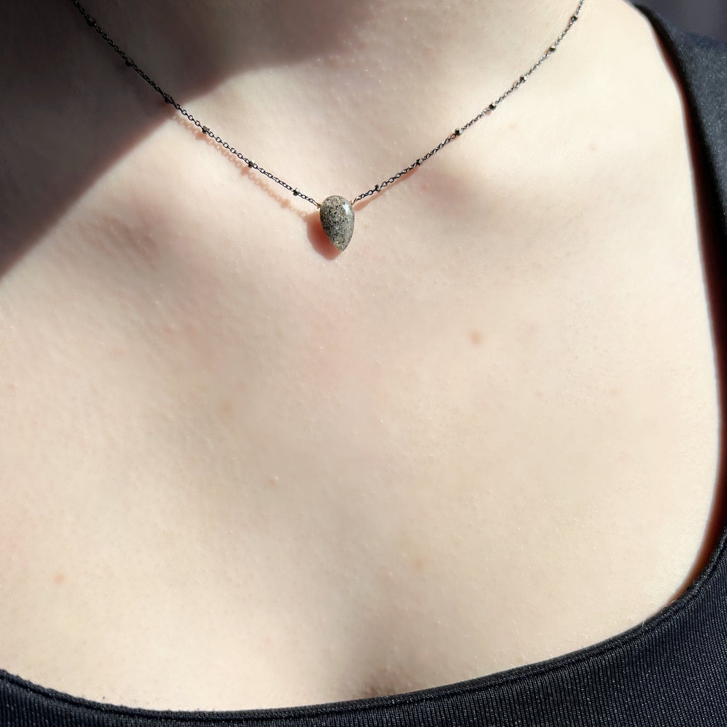 Black Sunstone Necklace,Black Jewelry,Sparkling Black Teardrop Necklace,Minimalist Layering Drop Necklace,Elegant Stardust Drop Necklace