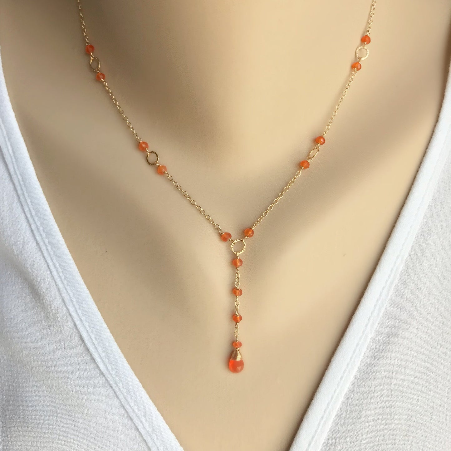 Carnelian Drop Necklace,Orange Simple Necklace, Gemstone Lariat Necklace,Drop Necklace,Handmade Jewelry,Simple Layering,Gold Lariat Necklace