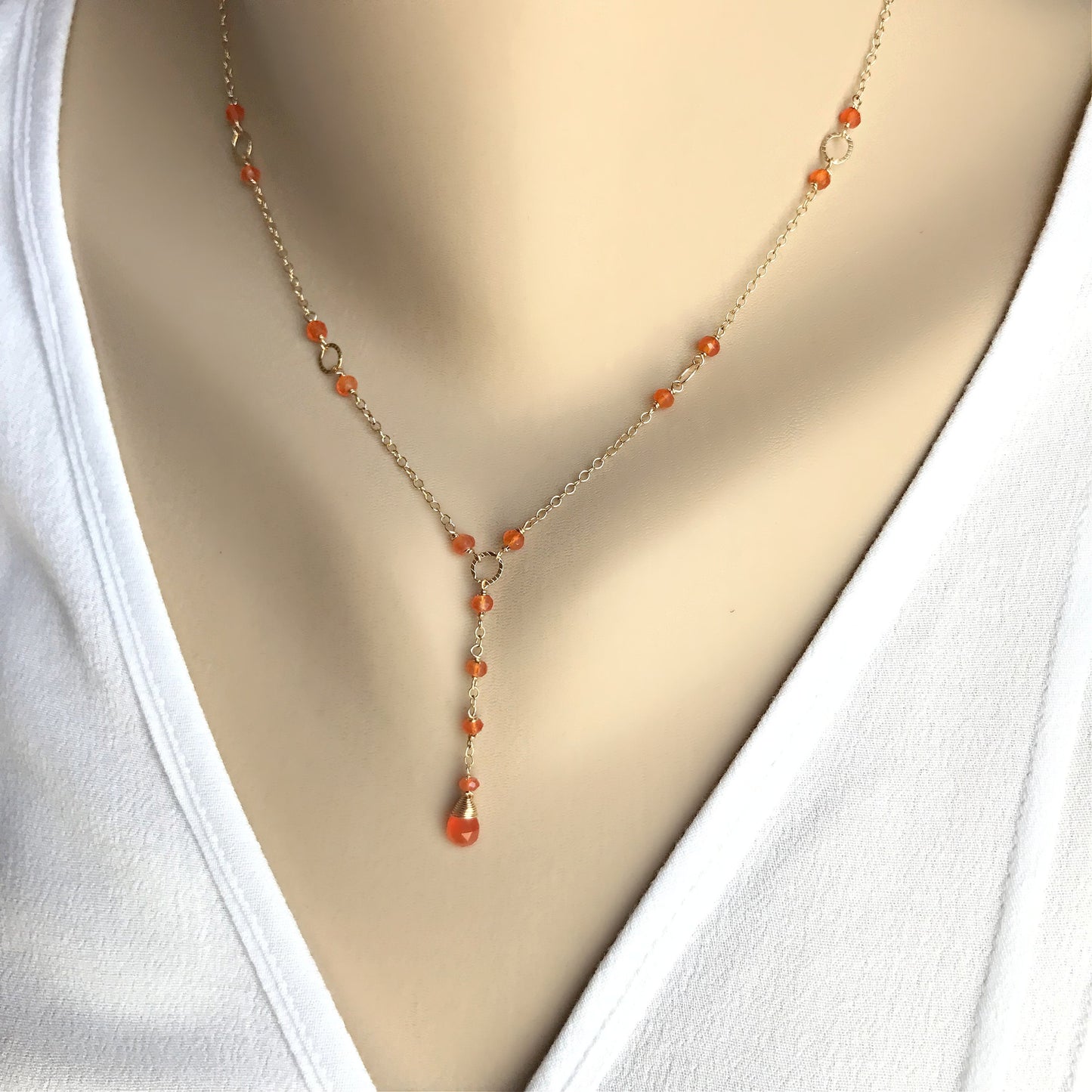 Carnelian Drop Necklace,Orange Simple Necklace, Gemstone Lariat Necklace,Drop Necklace,Handmade Jewelry,Simple Layering,Gold Lariat Necklace