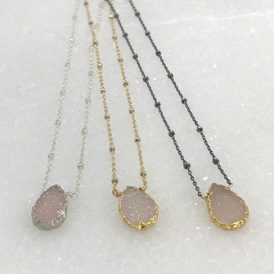 Pink Druzy Pendant Boho Necklace Delicate Necklace Layering Necklace Bridesmaid Necklace Gift for Her Gemstone Necklace Minimalist Necklace