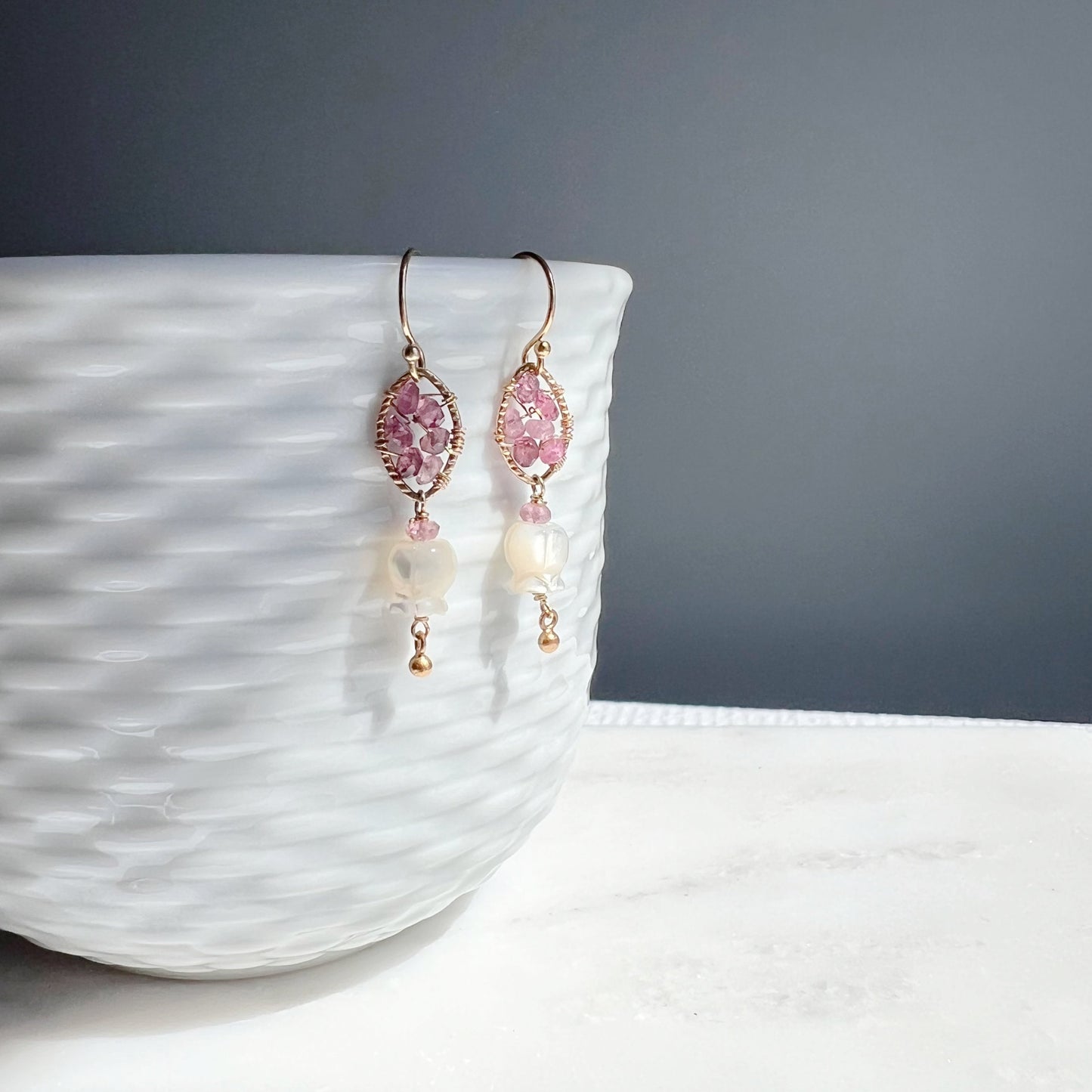 October Birthstone Earrings Pink Tourmaline Mother of Pearl Pink Earrings Gemstone Earrings Delicate Earrings Flower Earrings Gift for Her