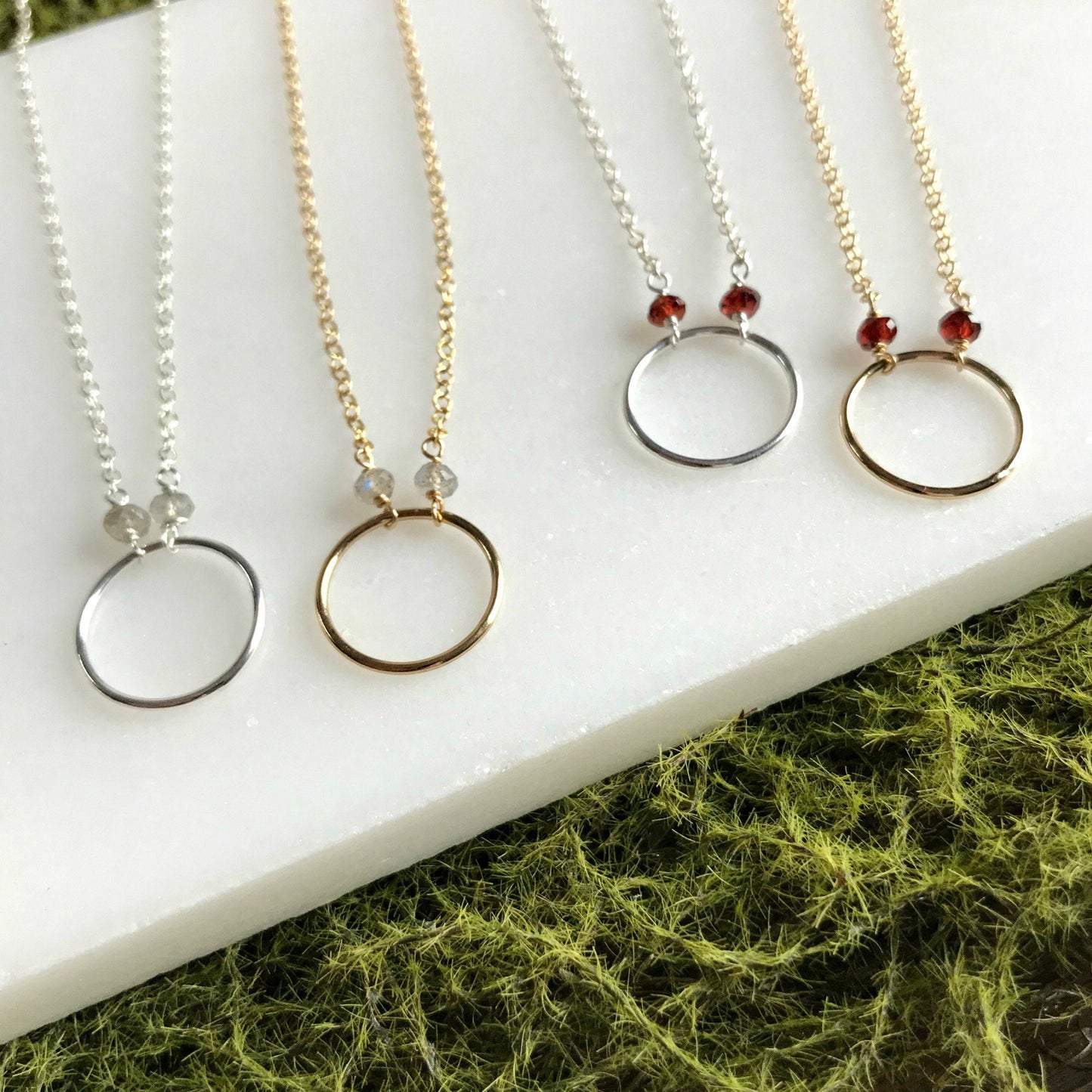 Garnet Circle Necklace,Infinity Necklace,January Birthstone,Layering Gold or Silver Necklace,Dainty Red Garnet Jewelry,Friendship Necklace