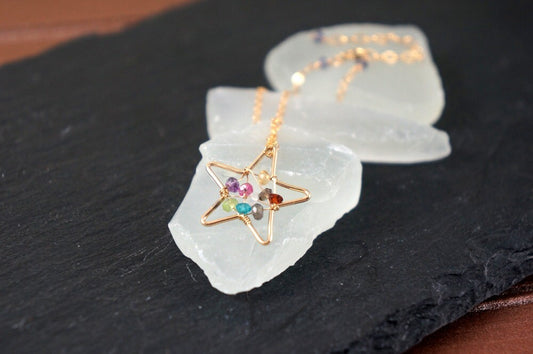 Dream Catcher Star Pendant Love Pendant Multi Colored Gemstone Pendant Hand Wrapped Simple Necklace Everyday Necklace Gold Heart