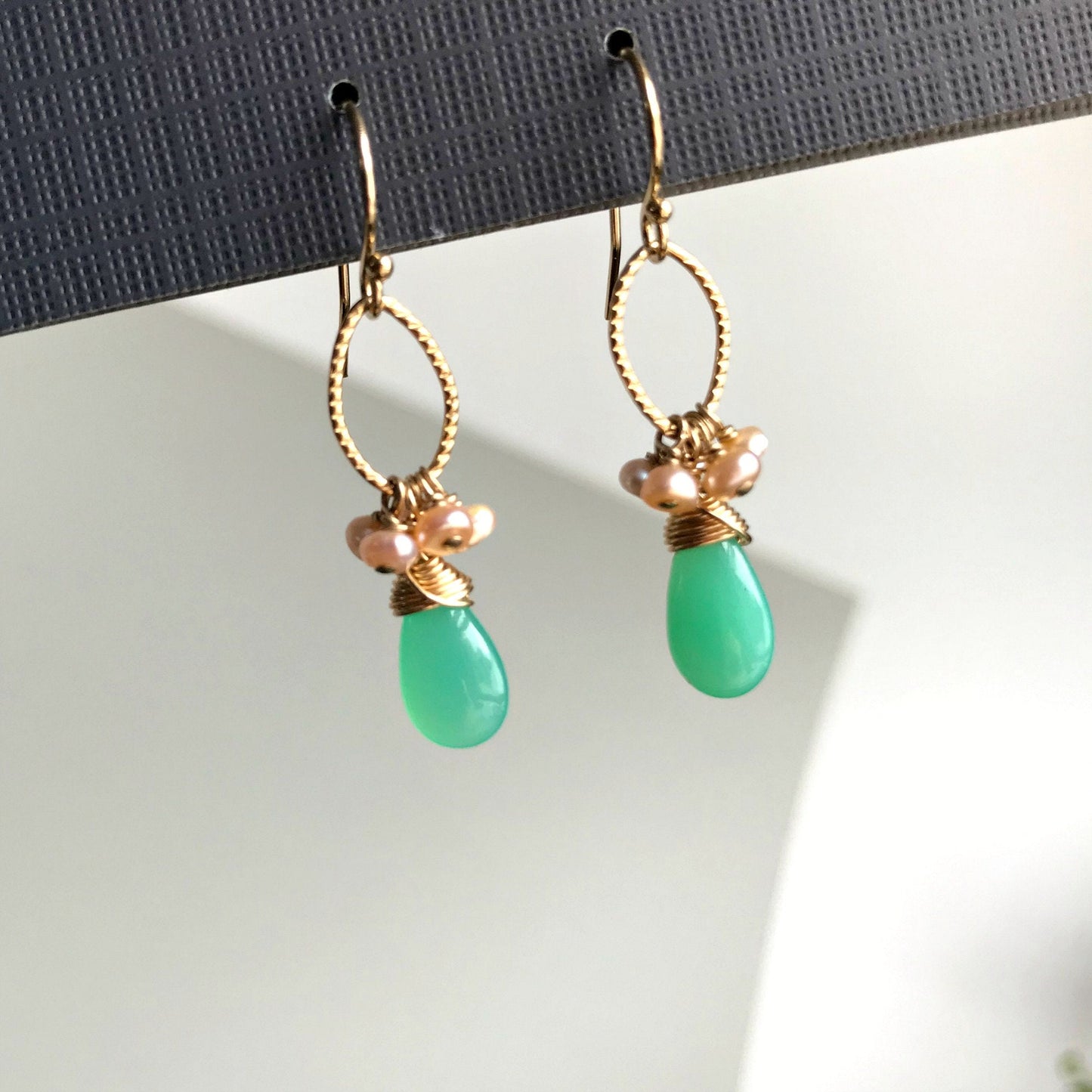 Mint Green Chrysoprase Earrings with Pink Freshwater Pearls – Dainty Cluster Gemstone Earrings for Bridesmaids