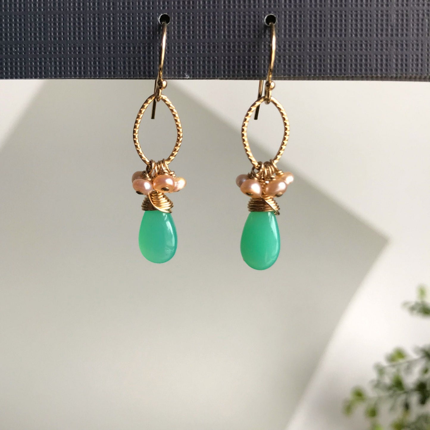 Mint Green Chrysoprase Earrings with Pink Freshwater Pearls – Dainty Cluster Gemstone Earrings for Bridesmaids