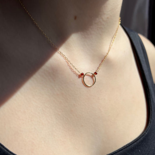 Garnet Circle Necklace,Infinity Necklace,January Birthstone,Layering Gold or Silver Necklace,Dainty Red Garnet Jewelry,Friendship Necklace