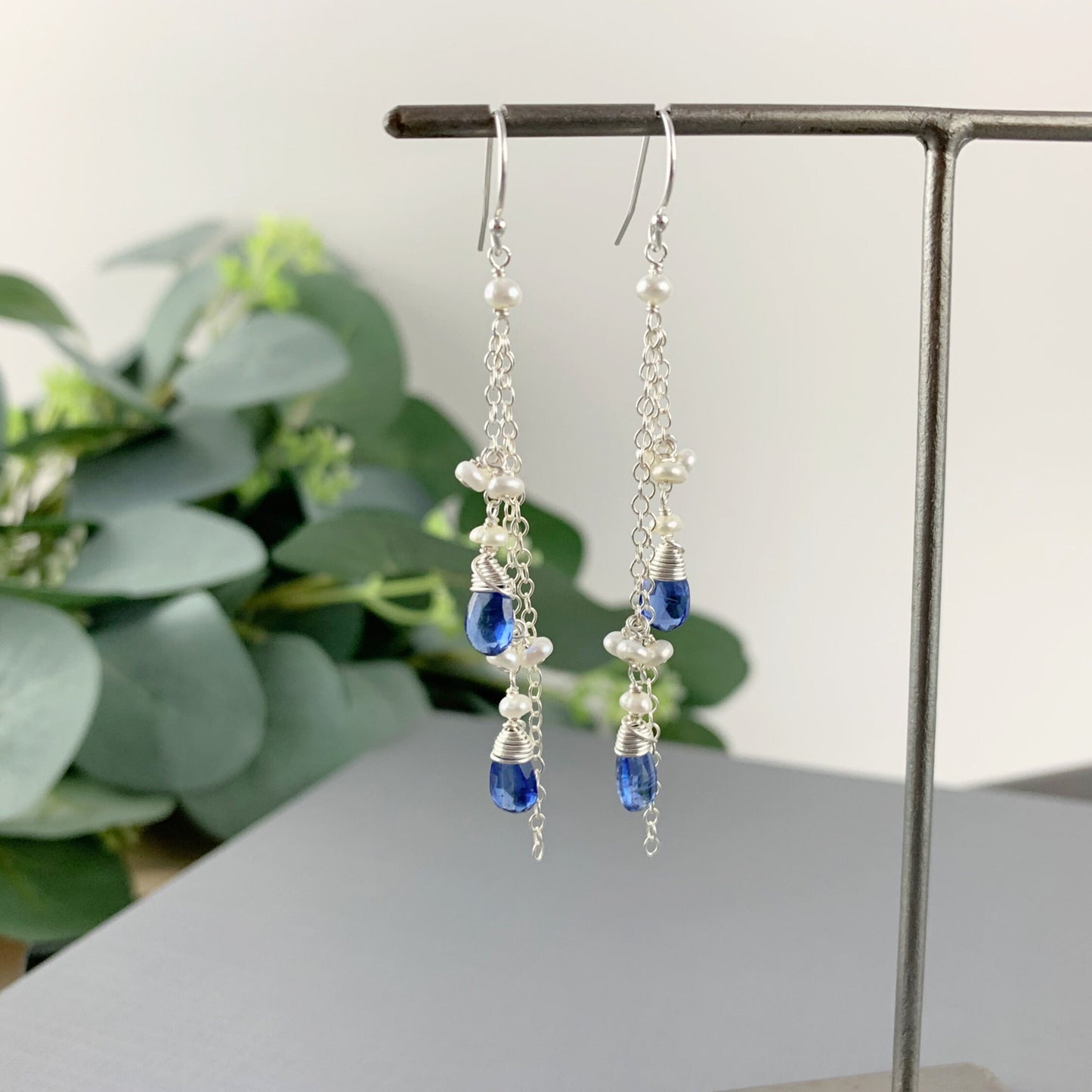 Tassel Earrings Kyanite Earrings Blue Earrings Long Earrings Gemstone Earrings Cluster Earrings Teardrop Earrings Pearl Earrings