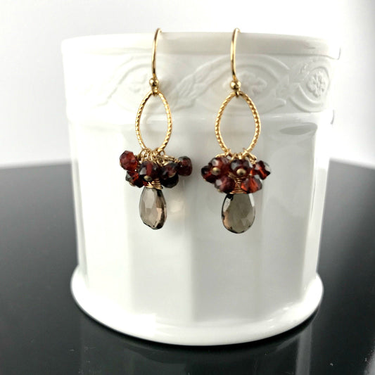 Smoky Quartz Earrings Garnet Earrings Gemstone Earrings Teardrop Earrings Gold Earrings Silver Earrings Gift for Sister Gift for Her