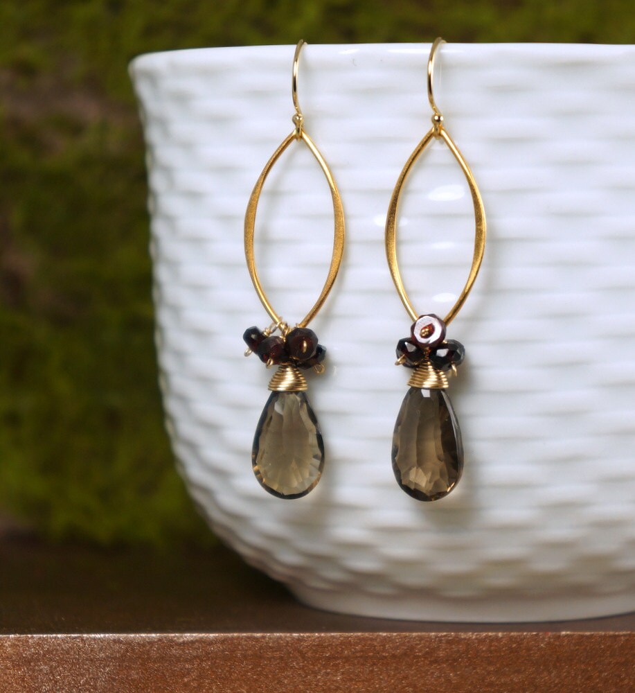 Smoky Quartz Earrings Garnet Cluster Drop Earrings Dangling Earrings Gemstone Earrings Gift for Her Women Earrings Valentine's Day