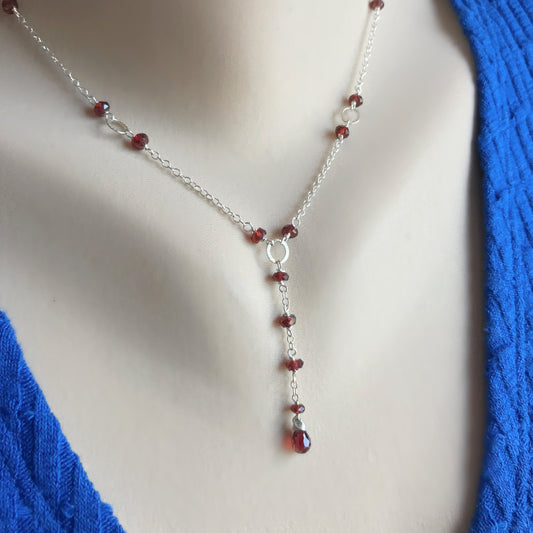 Garnet Y Necklace,January Birthstone, Gemstone Lariat Necklace,Simple Layering Garnet Necklace, Gold Drop Y Necklace,Garnet Lariat Necklace
