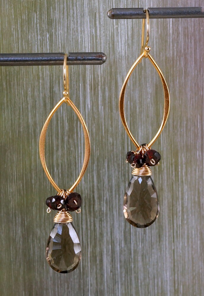 Smoky Quartz Earrings Garnet Cluster Drop Earrings Dangling Earrings Gemstone Earrings Gift for Her Women Earrings Valentine's Day