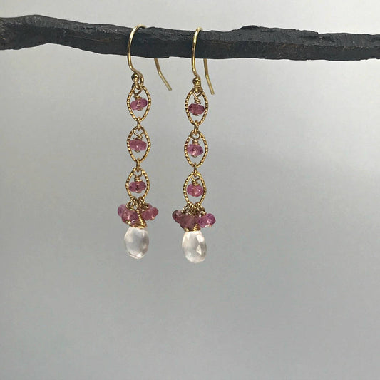Pink Tourmaline Earrings,Rose Quartz Earrings,October Birthstone,Cute Linear Earrings,Cluster Earrings, Dainty Earrings,Pink Earrings