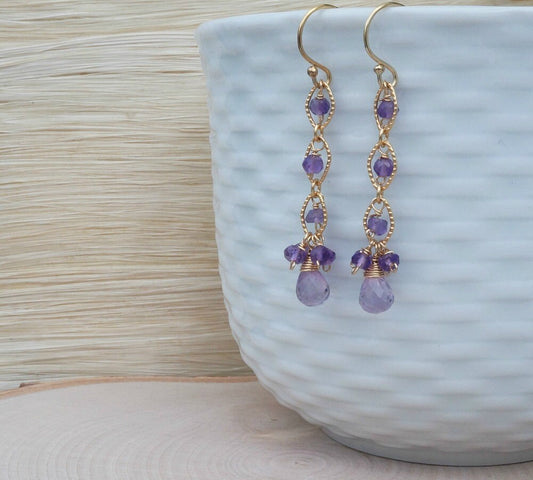 Purple Amethyst Earrings,February Birthstone Earrings,Gold Drop Dangle Earrings,Dainty Simple Earrings,Handmade Gemstone Earrings
