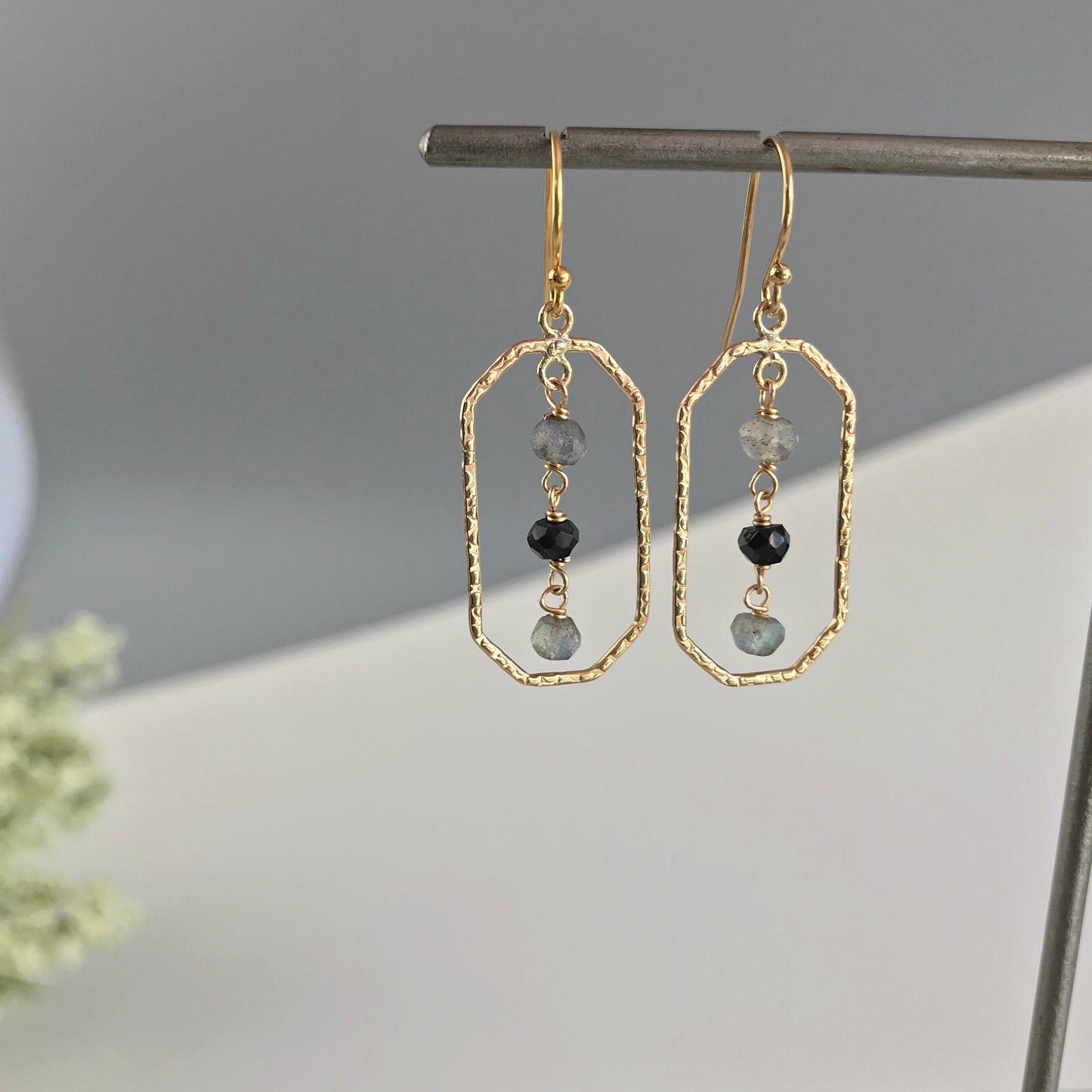 Black Earrings Labradorite Earrings Geometric Earrings Dainty Earrings Gemstone Earrings Gold Earrings Gift for Her Dangle Earrings