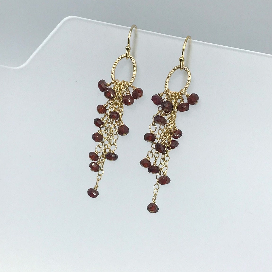 Garnet Cluster Earrings with Boho Tassle Detail,Handmade January Birthstone Jewelry,Boho Chic Waterfall Red Earrings,Unique January Gift