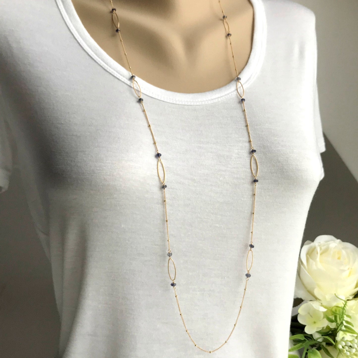 Iolite Necklace,Station Necklace,Long Necklace,Delicate Necklace,Simple Necklace,Layering Necklace,Satellite Chain Necklace,Blue Indigo