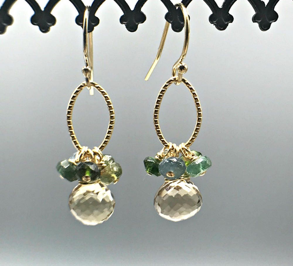 Champagne Citrine Earrings Tourmaline Earrings Cluster Earrings Yellow Earrings Dainty Earrings Drop Earrings Lightweight Earrings