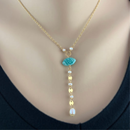 Pearl Necklace Amazonite Necklace Y Necklace Lariat Necklace Birthstone Jewelry Gold Necklace Necklace for Women Dainty Necklace