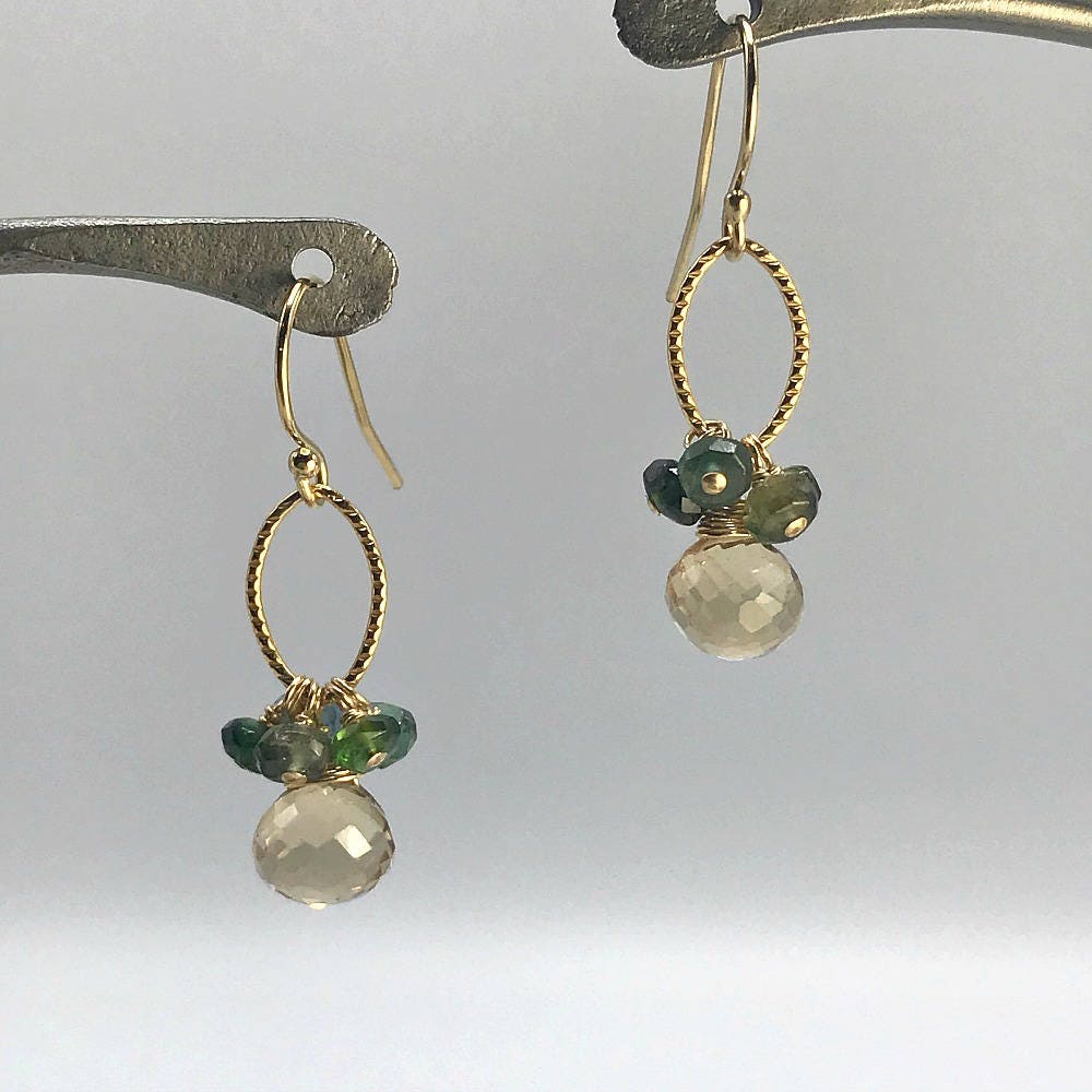 Champagne Citrine Earrings Tourmaline Earrings Cluster Earrings Yellow Earrings Dainty Earrings Drop Earrings Lightweight Earrings