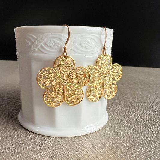 Gold Lace Flower Earrings,Filigree Earrings,Bohemian Earrings,Gold Earrings,Summer Earrings,Arabesque Earrigs,Dainty Lightweight Earrings