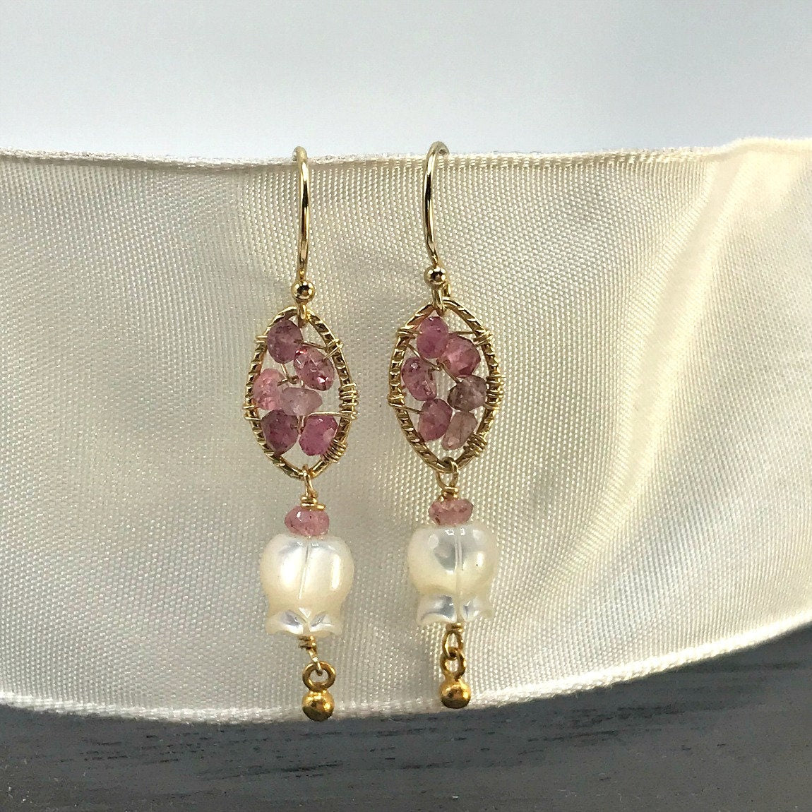 October Birthstone Earrings Pink Tourmaline Mother of Pearl Pink Earrings Gemstone Earrings Delicate Earrings Flower Earrings Gift for Her