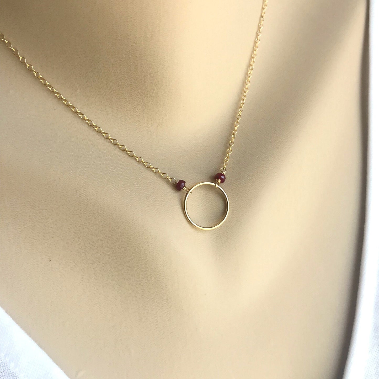 Gold Circle Pendant Ruby Pendant July Birthstone Necklace Dainty Necklace Open Circle Necklace Karma Necklace Eternity Necklace Gift for Mom