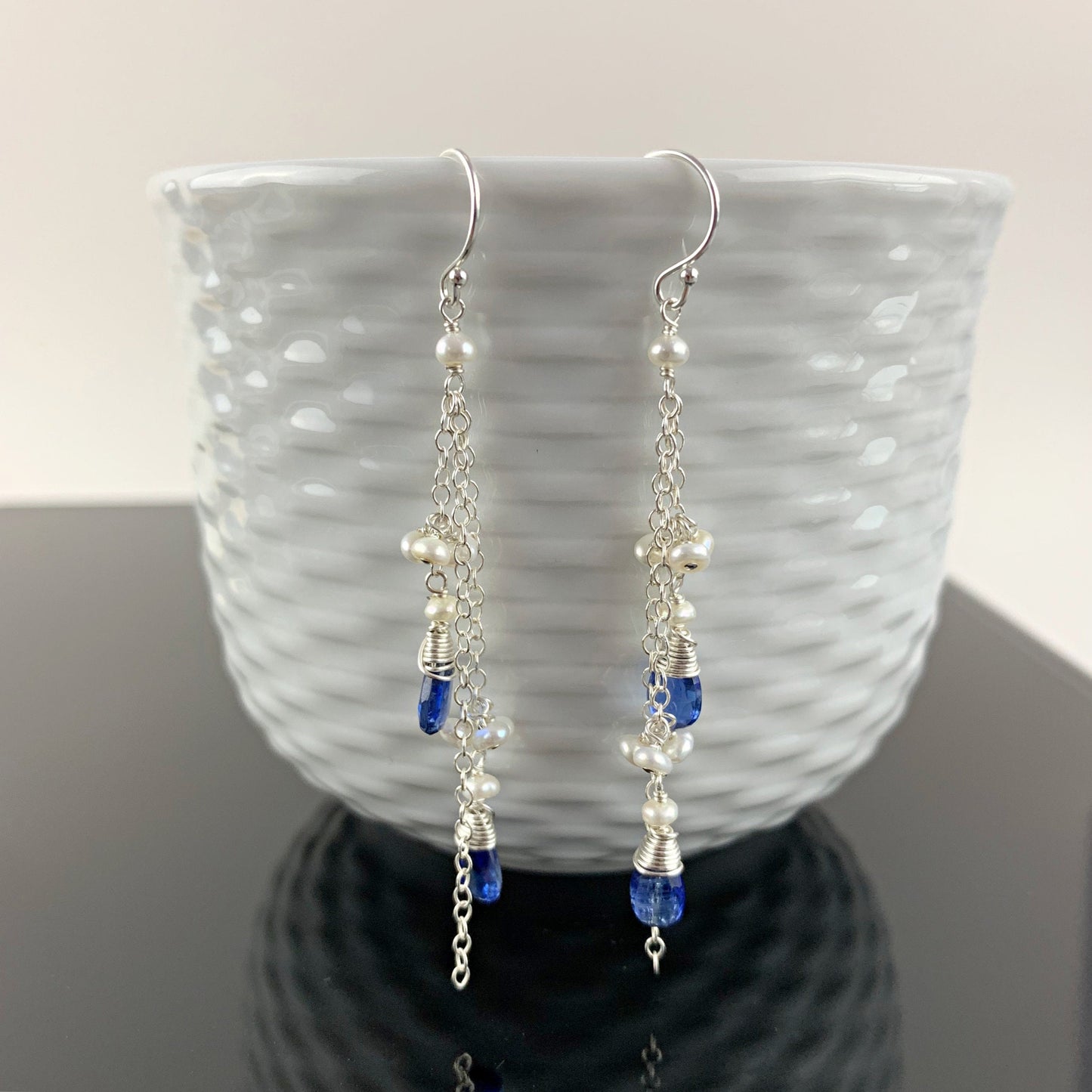 Tassel Earrings Kyanite Earrings Blue Earrings Long Earrings Gemstone Earrings Cluster Earrings Teardrop Earrings Pearl Earrings