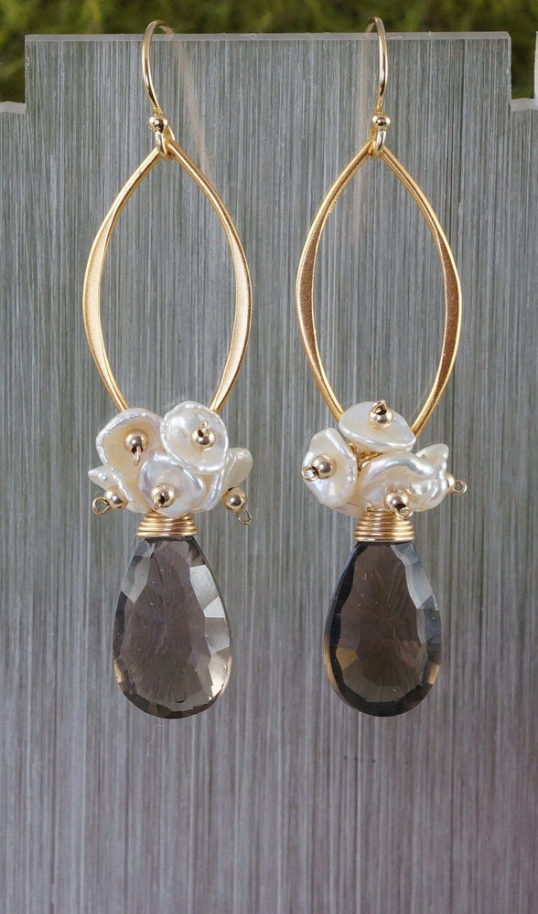 Smoky Quartz  Pearls Earrings Cluster Earrings Dangling Earrings Drop Earrings Gemstone Earrings Gift for Her Women Earrings Unique Earrings