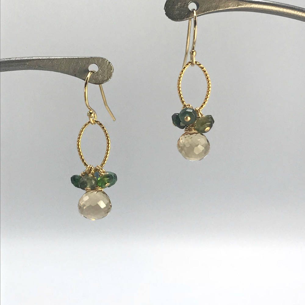 Champagne Citrine Earrings Tourmaline Earrings Cluster Earrings Yellow Earrings Dainty Earrings Drop Earrings Lightweight Earrings