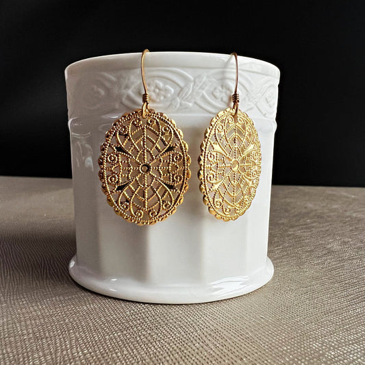 Boho Gold Oval Filigree Earrings,Geometric Filigree Earrings,Elegant Arabesque Earrings,Geometric Filigree Earrings,Stylish Boho Accesories